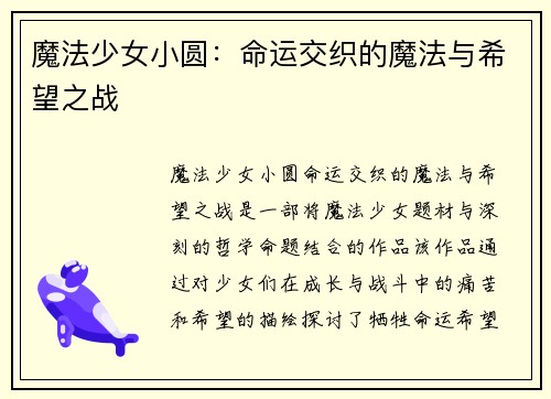 魔法少女小圆:命运交织的魔法与希望之战 魔法少女小圆:命运交织的魔法与希望之战